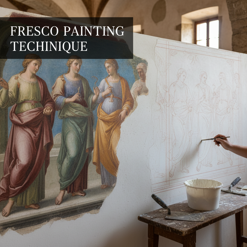 Professional blog header image for article titled: Fresco Painting Technique. High quality, relevant imagery, clean composition.