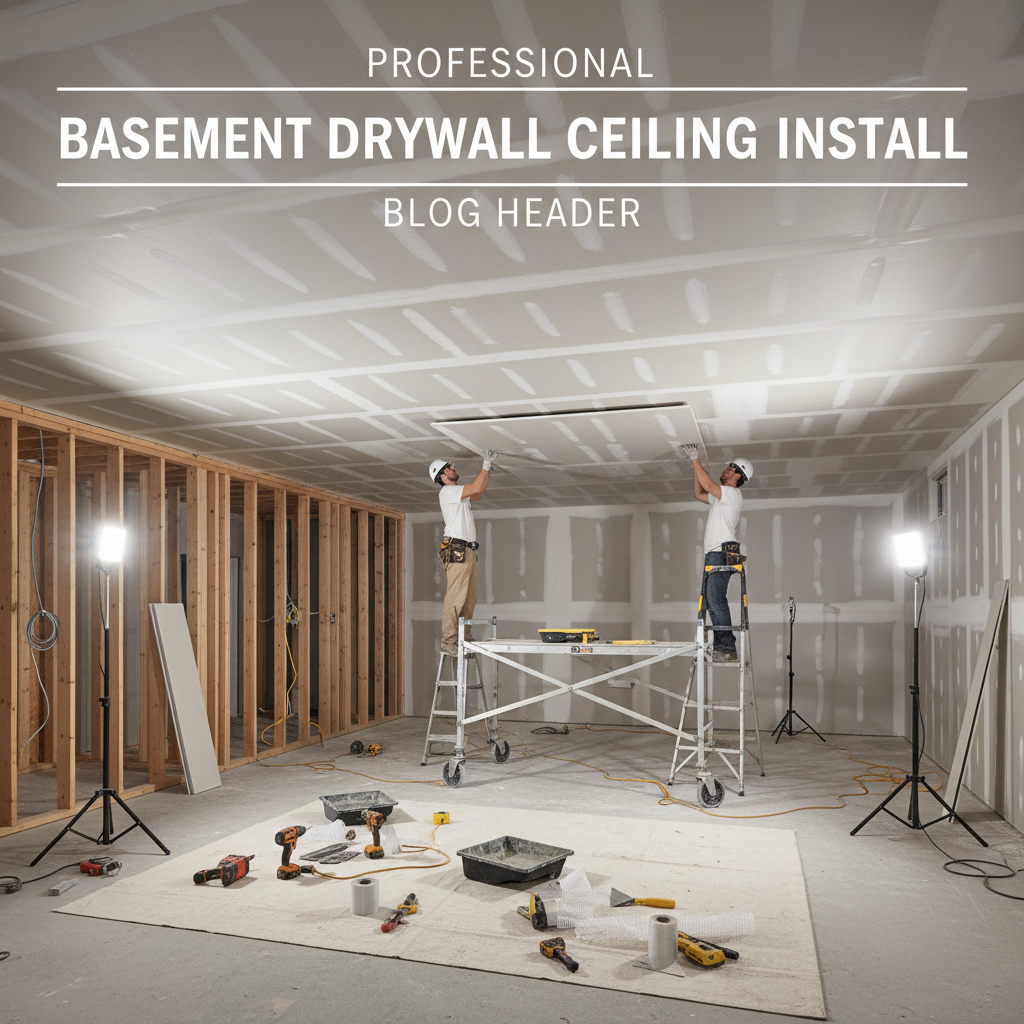 Professional blog header image for article titled: Basement Drywall Ceiling Install. High quality, relevant imagery, clean composition.