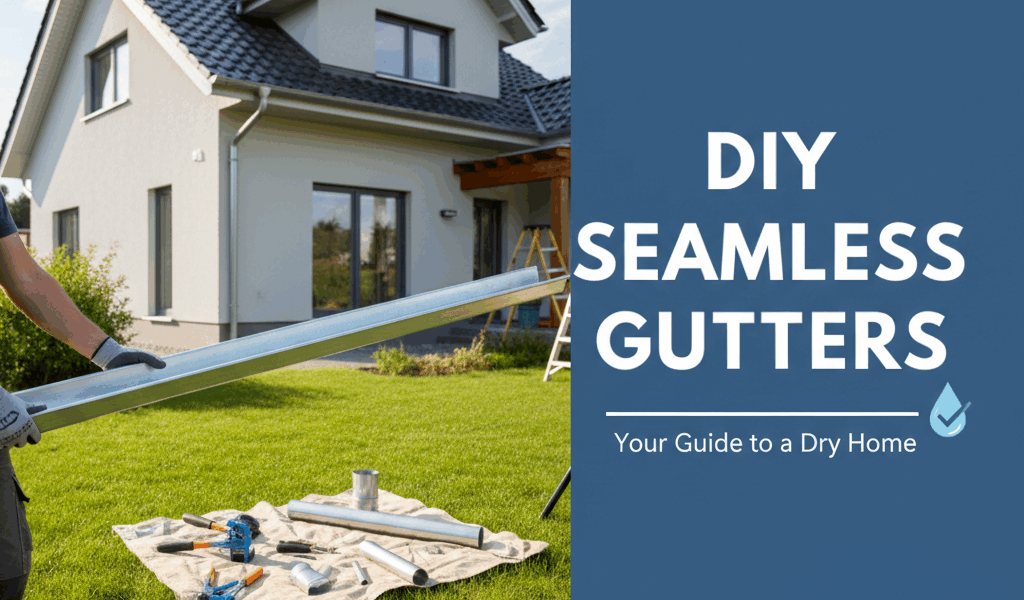 Professional blog header image for article titled: DIY Seamless Gutters. High quality, relevant imag