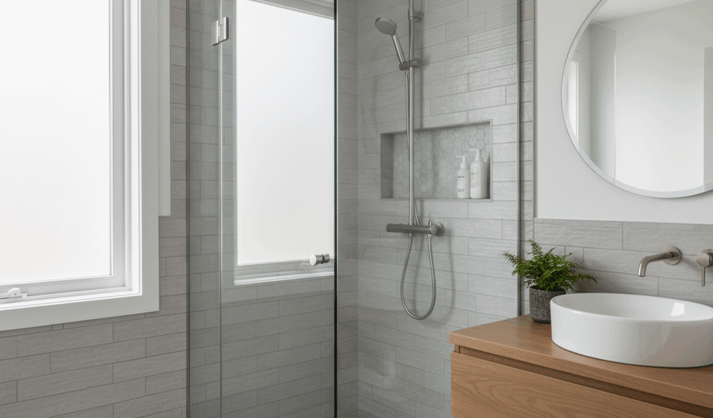 Professional blog header image for article titled: Small Bathroom Shower Ideas. High quality, releva