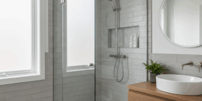 Professional blog header image for article titled: Small Bathroom Shower Ideas. High quality, releva