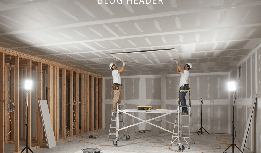 Professional blog header image for article titled: Basement Drywall Ceiling Install. High quality, r