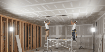 Professional blog header image for article titled: Basement Drywall Ceiling Install. High quality, r