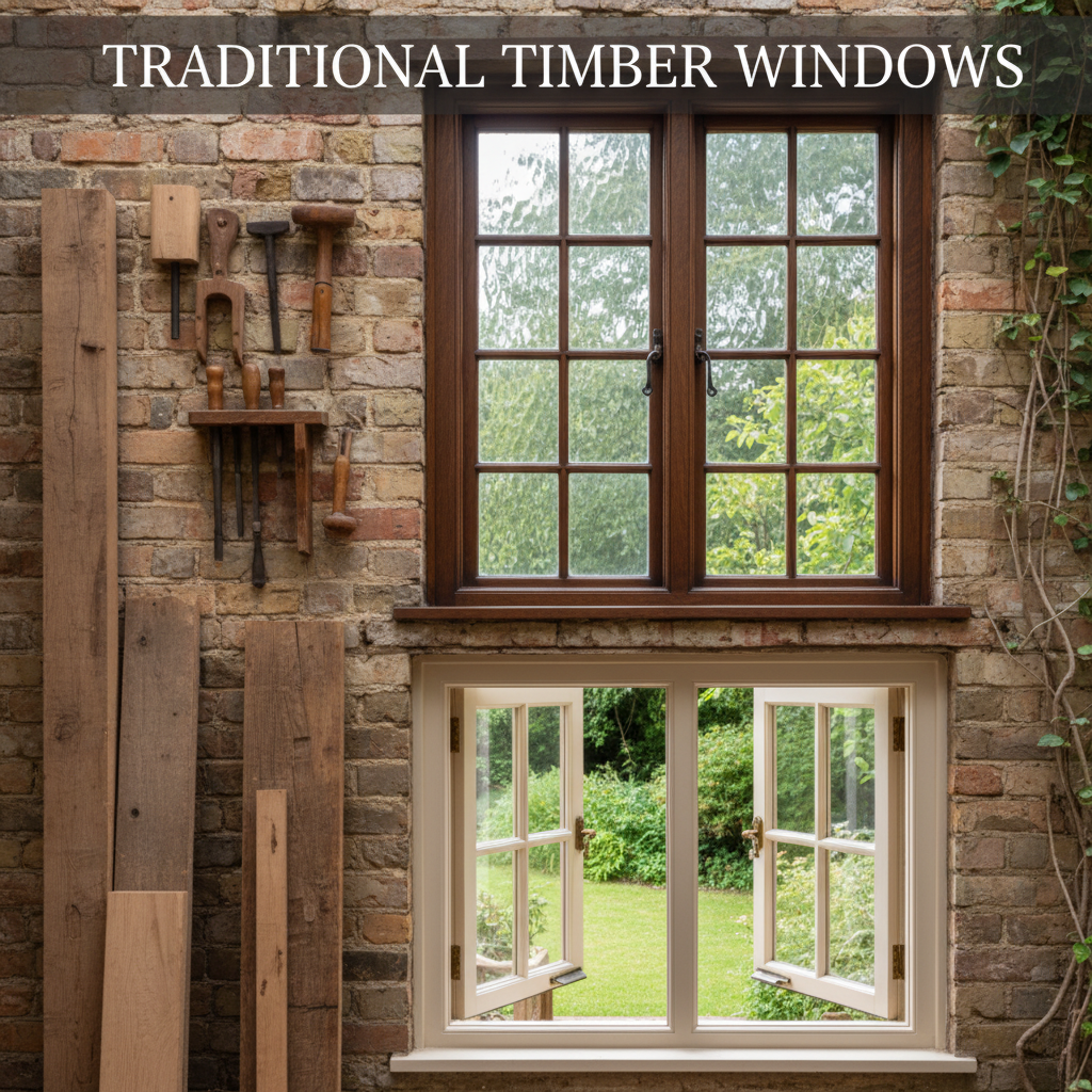 Professional blog header image for article titled: Traditional Timber Windows. High quality, relevant imagery, clean composition.