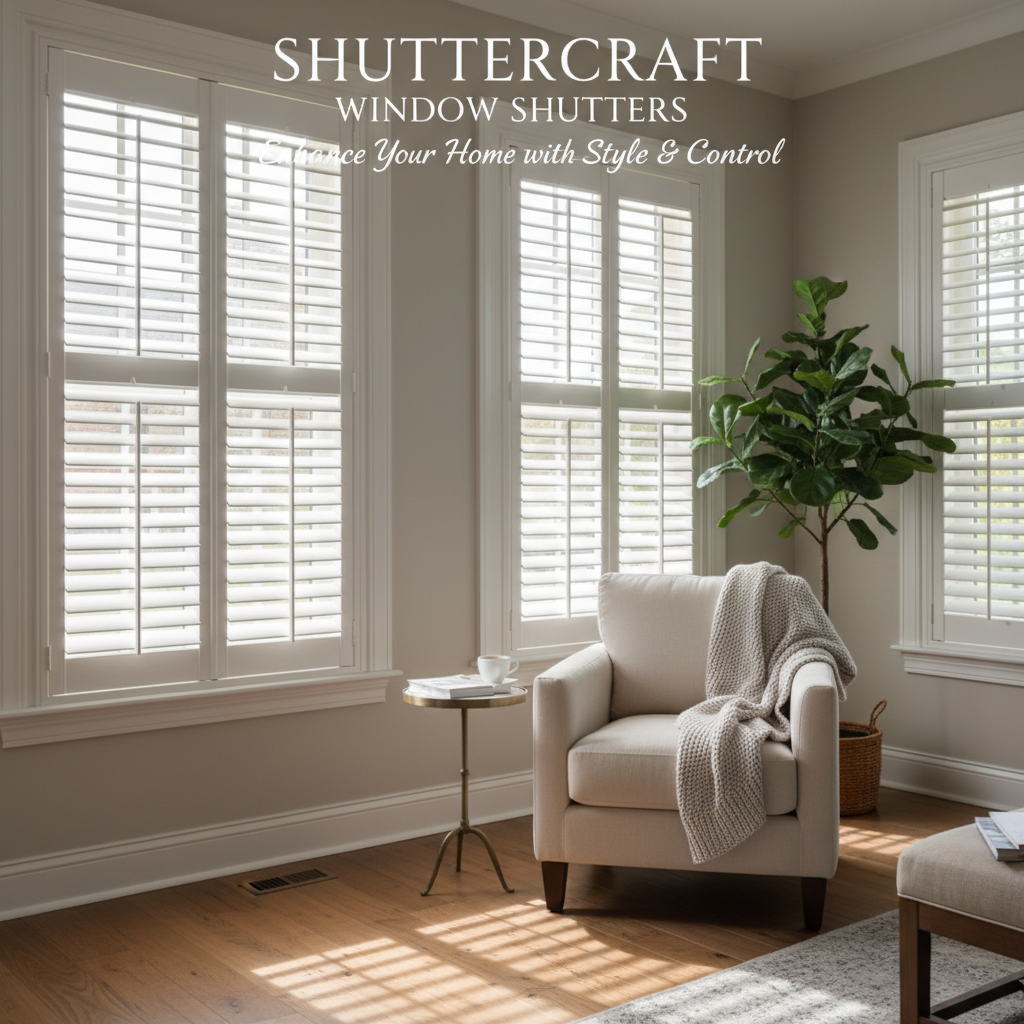 Professional blog header image for article titled: Shuttercraft Window Shutters. High quality, relevant imagery, clean composition.