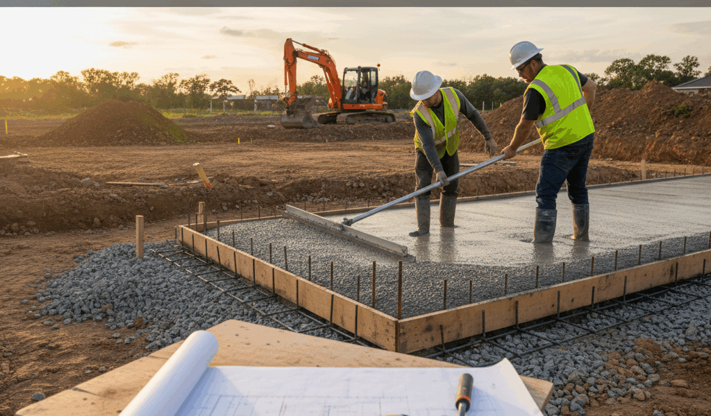 Professional blog header image for article titled: Concrete Footings Guide. High quality, relevant i