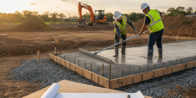 Professional blog header image for article titled: Concrete Footings Guide. High quality, relevant i