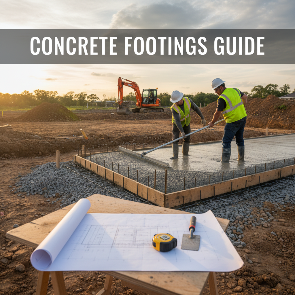 Professional blog header image for article titled: Concrete Footings Guide. High quality, relevant imagery, clean composition.